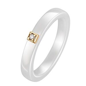 White Ceramic Ring with Gold Accent and Diamond - Women's Jewelry